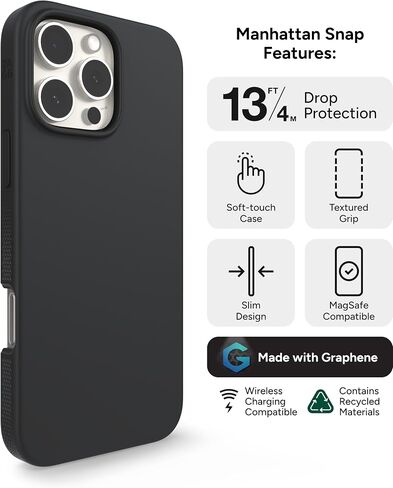 حافظة ZAGG Manhattan Snap لهاتف iPhone 16 Pro Max - متوافقة مع MagSafe، حماية من السقوط بطول 13 قدم، معززة بالجرافين، سيليكون ناعم الملمس، تصميم نحيف وخفيف الوزن، محتوى معاد تدويره بنسبة 96%، أسود in Saudi Arabia