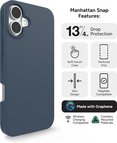 حافظة ZAGG Manhattan Snap لهاتف iPhone 16 Pro Max - متوافقة مع MagSafe، حماية من السقوط بطول 13 قدم، معززة بالجرافين، سيليكون ناعم الملمس، تصميم نحيف وخفيف الوزن، محتوى معاد تدويره بنسبة 96%، أسود in Saudi Arabia
