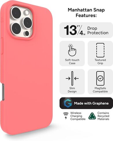 حافظة ZAGG Manhattan Snap لهاتف iPhone 16 Pro Max - متوافقة مع MagSafe، حماية من السقوط بطول 13 قدم، معززة بالجرافين، سيليكون ناعم الملمس، تصميم نحيف وخفيف الوزن، محتوى معاد تدويره بنسبة 96%، أسود in Saudi Arabia