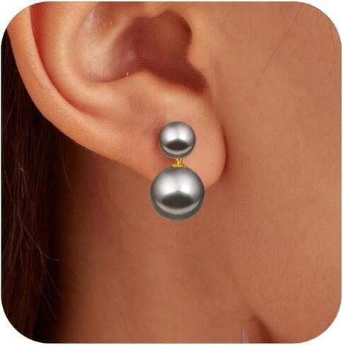 Double Bead Pearl Earrings for Women Girls 925 Sterling Silver Gold Big Pearl Lightweight Ball Stud Earrings Trendy Dangle Drop Earrings Bridal Wedding Jewelry Birthday Graduation Gift for Her in Saudi Arabia