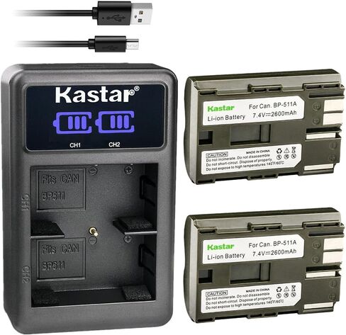 Kastar BP-511A LED2 USB Battery Charger Compatible with Canon ZR10, ZR20, ZR20MC, ZR25, ZR25MC, ZR30, ZR30MC, ZR40, ZR40A, ZR45, ZR45MC, ZR50, ZR50MC, ZR60, ZR65MC, ZR70MC, ZR80 Camera in Kuwait