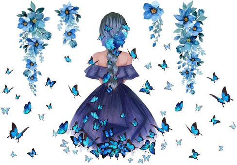SUPERDANT Butterfly Girl Wall Stickers Blue Flower Fairy Wall Decal Floral Wall Mural Colorful Butterflies Wall Decor DIY Vinyl Wall Art for Girls Baby Nursery Bedroom Playroom in Saudi Arabia
