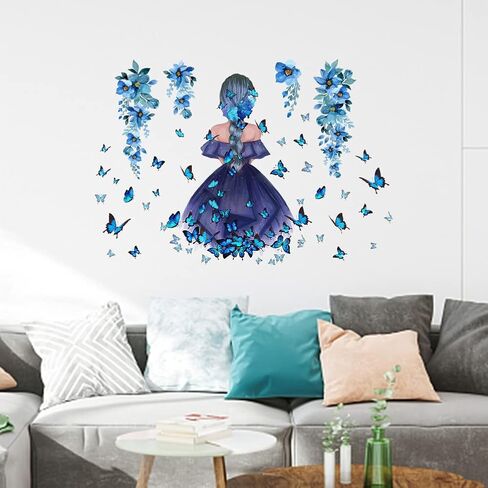 SUPERDANT Butterfly Girl Wall Stickers Blue Flower Fairy Wall Decal Floral Wall Mural Colorful Butterflies Wall Decor DIY Vinyl Wall Art for Girls Baby Nursery Bedroom Playroom in Saudi Arabia