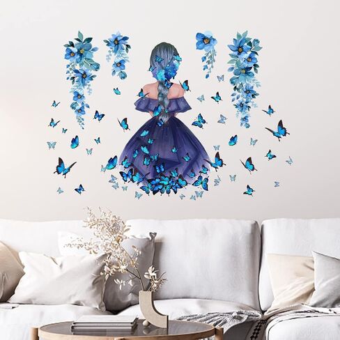 SUPERDANT Butterfly Girl Wall Stickers Blue Flower Fairy Wall Decal Floral Wall Mural Colorful Butterflies Wall Decor DIY Vinyl Wall Art for Girls Baby Nursery Bedroom Playroom in Saudi Arabia