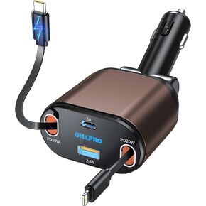 OHLPRO Retractable Car Charger 4 in1, Dual Lightning Car Phone Charger with 31.5 inch Cords, 78W Fast Charge Car Charger Adapter, USB C Charging Port for iPhone 15/14/13/12, iPad, Samsung, Pixel