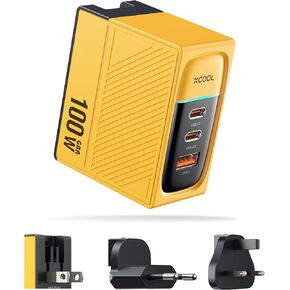 100W USB-C Charger, 3 Ports Fast 100W GaN Charger, Compact Foldable 100W PD Charger with US/UK/EU Plugs Compatible with MacBook Pro/Air, iPad Pro/Air, iPhone 16/15/14/13/12, Galaxy S24/S23, etc