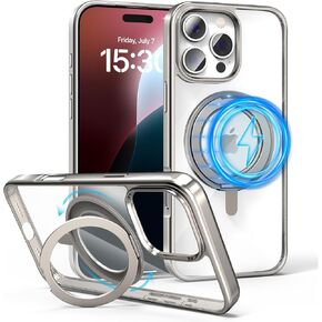 pcgaga Magnetic Phone Case for iPhone 16 Pro [Compatible with MagSafe] [Not Yellowing] [Built-in Invisible Ring Stand] Protective Clear Cover Slim Silver Frame 6.3" 2024, Silver Plated