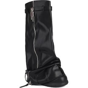 THESHY Women's Leather Fold Over Boots Platform Wedge Heel Knee High Boots Round Toe With Padlock Pull-on Fashion Boots For Women
