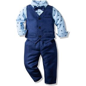 Boys' 4 Piece Vest Set with Blue Shirt,Bowtie,Vest and Pant