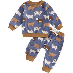 Toddler Baby Boy Fall Winter Outfit Cow Print Long Sleeve Sweatshirt Casual Pants Sweatpants Set Western Clothes