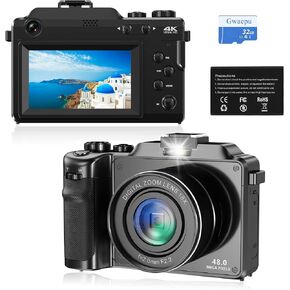4K Compact Digital Camera for Photography: 48MP Digital Camera with 16X Digital Zoom, Autofocus Cameras with 32GB TF Card, Point and Shoot Camera for Beginner Gift (Black)