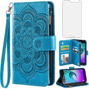Asuwish Compatible with Samsung Galaxy J3 2016/J 3 V/J36V/Sky/Amp Prime Wallet Case and Tempered Glass Screen Protector Flip Card Holder Cell Phone Cover for Glaxay Sol J3V JV3 J36 6 J320V J320A Blue in Kuwait