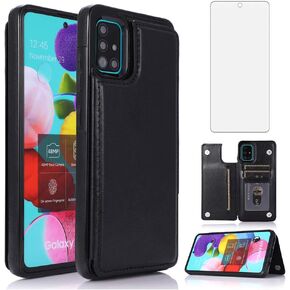 NKECXKJ Design for Samsung Galaxy A51 (4G) Case with Tempered Glass Screen Protector Credit Card Holder Slot, PU Leather Wallet Phone Cases Stand Kickstand Protective Cover for Glaxay A 51 Men Black