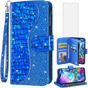 Asuwish Phone Case for LG G8X ThinQ V50S Thin Q Wallet Cover with Screen Protector and Wrist Strap Bling Glitter Leather Flip Zipper Card Holder Slot Stand Cell LGG8XThinQ GX8 8X Women Girls Black