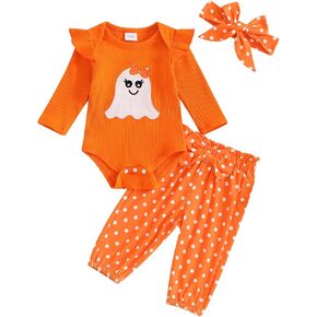 Karuedoo Newborn Baby Girl Halloween Outfits Ghost Embroidery Ribbed Long Sleeve Romper Polka Dot Pants Headband 3Pcs Set