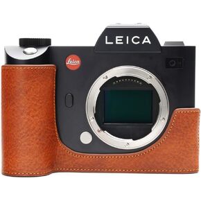 Leica SL Camera Case, Handmade Genuine Real Leather Half Camera Case Bag Cover for Leica SL Camera Bottom Opening Version + Hand Strap (Black)