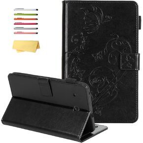 T377 Case for Samsung Galaxy Tab E 8.0" 2016 Model (SM-T377A/T377V/T377P/T375/T378) with Stand Pencil Holder [Auto Sleep/Wake] Embossed PU Leather Folio Smart Cover, Black Butterfly Leaf