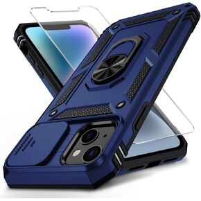 Weycolor for iPhone 13 Case with Camera Lens Cover HD Screen Protector, 10 FT Military Grade Drop Protection, Magnetic Ring Holder Kickstand Protective Phone Case for iPhone 13 6.1 inch, Navy Blue