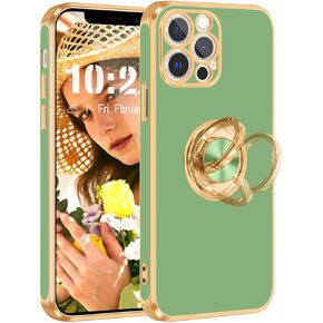 Fingic for iPhone 12 Pro Case,for iPhone 12 Pro Phone Case with Stand Ring Holder,360° Rotatable Magnetic Kickstand Shiny Plating Gold Edge Slim Soft TPU Shockproof Protective Case for Women Men,White
