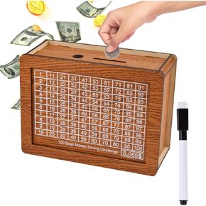 Piggy Bank for Kids Adults Wooden Money Box with Built-in Challenge - Fun and Motivational Cash Saving Box for Kids and Adults, Best Gift for Friends（$10000）