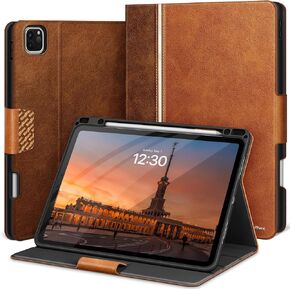 KingBlanc iPad Pro 12.9 Case 6th/5th/4th/3rd Generation 2022/2021/2020/2018 with Pencil Holder, Vegan Leather Bicolor Cover, Auto Sleep/Wake [Support Apple Pencil2 Charging + Multiple Angle], Brown