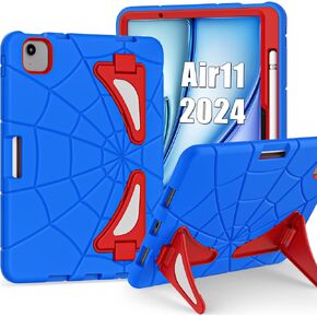 Kids Cases for New iPad Air 11 M2 2024, iPad Air 11 Inch 6th Generation Shockproof Cute Case Heavy Duty Rugged Protective Cover with Pencil Holder&Kickstand for Children Boys (Red+Blue)