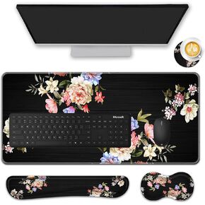 Mouse Pad Set,(31.5×11.8 in) Desk Pad + Keyboard Wrist Rest Support + Mouse Wrist Rest + Coaster for Office,Home,Computer,Laptop - 4 Peony Flower