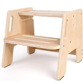 Toddler Step Stool, Wooden Height-Adjustable 2-Step Stool for Kids, Potty Training Stool with Handles for Bathroom Sink, Kitchen, Bedroom