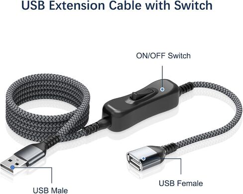 كابل تمديد USB RUXELY مع مفتاح تشغيل/إيقاف بطول 10 أقدام، اكتب سلك شاحن الطاقة ذكر إلى أنثى، خط موسع محول وحدة التحكم لمصباح مكتب LED، وشرائط LED، ومروحة USB، والضوء وما إلى ذلك. طويل in Kuwait