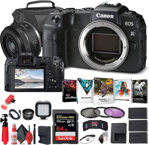 كاميرا Canon EOS RP الرقمية بدون مرآة (الهيكل فقط) (3380C002) + عدسة Canon RF مقاس 50 مم f/1.8 STM + بطاقة ذاكرة سعة 64 جيجابايت + حقيبة + طقم مرشح + برنامج Corel للصور + 2 بطارية LPE17 + المزيد (متجددة) in Saudi Arabia