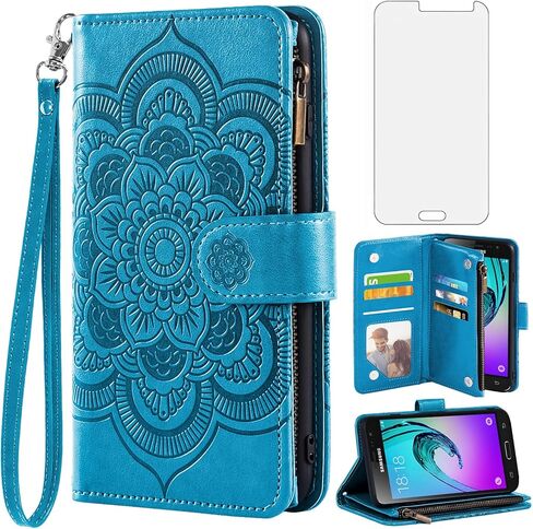 Asuwish Compatible with Samsung Galaxy J3 2016/J 3 V/J36V/Sky/Amp Prime Wallet Case and Tempered Glass Screen Protector Flip Card Holder Cell Phone Cover for Glaxay Sol J3V JV3 J36 6 J320V J320A Blue in Kuwait