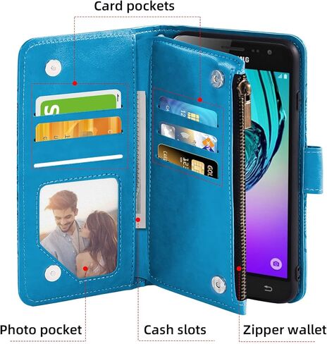 Asuwish Compatible with Samsung Galaxy J3 2016/J 3 V/J36V/Sky/Amp Prime Wallet Case and Tempered Glass Screen Protector Flip Card Holder Cell Phone Cover for Glaxay Sol J3V JV3 J36 6 J320V J320A Blue in Kuwait