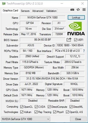 GTX 1080 Graphics Card, 8 GB GDDR5X Performance 86% of RTX 3060 89% of 2060 Super 116% of 3050 124% of 1660 Super 256bit 1671/1810/1251 MHz Base/Boost Mem 2xHDMI 2xDP 4K PCle 3.0x16 Ray Tracing in Saudi Arabia