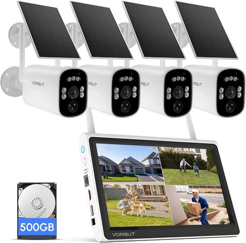 Solar Home Security Camera System with 10CH 10" LCD Monitor NVR, 4MP 2PCS Bullet Solar Camera Wireless Outdoor, Solar-Powered Camera CCTV System, Motion Record(500G HDD) in Saudi Arabia