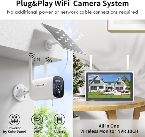 Solar Home Security Camera System with 10CH 10" LCD Monitor NVR, 4MP 2PCS Bullet Solar Camera Wireless Outdoor, Solar-Powered Camera CCTV System, Motion Record(500G HDD) in Saudi Arabia