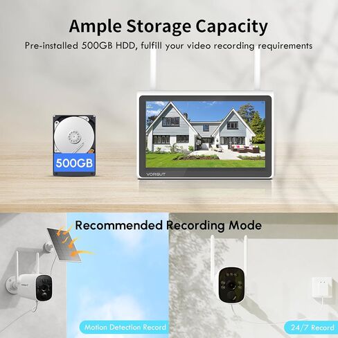 Solar Home Security Camera System with 10CH 10" LCD Monitor NVR, 4MP 2PCS Bullet Solar Camera Wireless Outdoor, Solar-Powered Camera CCTV System, Motion Record(500G HDD) in Saudi Arabia