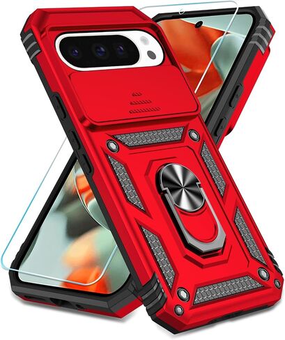 SunStory for Google Pixel 9 Pro XL Case with HD Screen Protector & Slide Camera Cover & Rotated Ring Kickstand, [Military-Grade] Phone Case for Google Pixel 9 Pro XL (Red) in Saudi Arabia