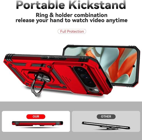SunStory for Google Pixel 9 Pro XL Case with HD Screen Protector & Slide Camera Cover & Rotated Ring Kickstand, [Military-Grade] Phone Case for Google Pixel 9 Pro XL (Red) in Saudi Arabia