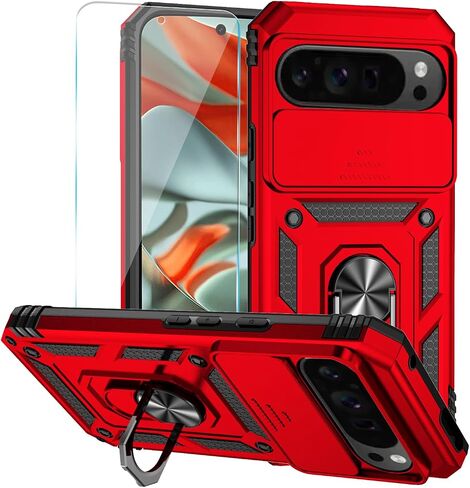 SunStory for Google Pixel 9 Pro XL Case with HD Screen Protector & Slide Camera Cover & Rotated Ring Kickstand, [Military-Grade] Phone Case for Google Pixel 9 Pro XL (Red) in Saudi Arabia