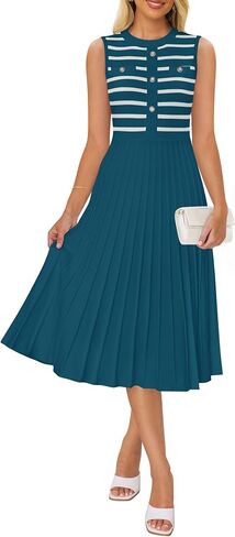 ZESICA Women's Sleeveless Striped Midi Dress Summer Crewneck Button Knit Swing Pleated A Line Casual Dresses,Beige,Large in Saudi Arabia