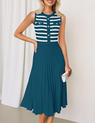 ZESICA Women's Sleeveless Striped Midi Dress Summer Crewneck Button Knit Swing Pleated A Line Casual Dresses,Beige,Large in Saudi Arabia