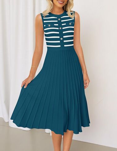 ZESICA Women's Sleeveless Striped Midi Dress Summer Crewneck Button Knit Swing Pleated A Line Casual Dresses,Beige,Large in Saudi Arabia