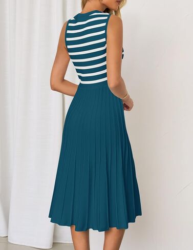 ZESICA Women's Sleeveless Striped Midi Dress Summer Crewneck Button Knit Swing Pleated A Line Casual Dresses,Beige,Large in Saudi Arabia