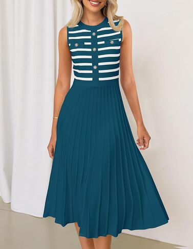ZESICA Women's Sleeveless Striped Midi Dress Summer Crewneck Button Knit Swing Pleated A Line Casual Dresses,Beige,Large in Saudi Arabia