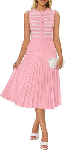 ZESICA Women's Sleeveless Striped Midi Dress Summer Crewneck Button Knit Swing Pleated A Line Casual Dresses,Beige,Large in Saudi Arabia