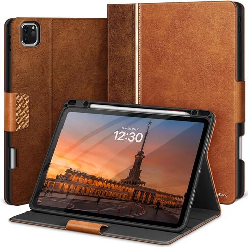 حافظة KingBlanc iPad Pro 12.9 الجيل السادس/الخامس/الرابع/الثالث 2022/2021/2020/2018 مع حامل أقلام، غطاء جلد نباتي ثنائي اللون، نوم/تنشيط تلقائي [يدعم شحن Apple Pencil2 + زوايا متعددة]، بني in Kuwait