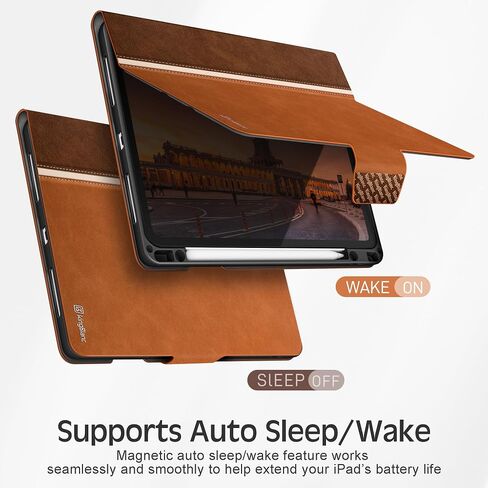 حافظة KingBlanc iPad Pro 12.9 الجيل السادس/الخامس/الرابع/الثالث 2022/2021/2020/2018 مع حامل أقلام، غطاء جلد نباتي ثنائي اللون، نوم/تنشيط تلقائي [يدعم شحن Apple Pencil2 + زوايا متعددة]، بني in Kuwait