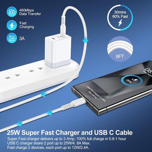 25W Samsung Super Fast Charger Block for Samsung Galaxy A35 A15 5G A25 Z Fold 6 Flip 6 5 A55 S24 Ultra S23 A14 A54 A32, 2 Port Dual USB C Andriod Charger Phone Wall Plug 6FT Type C to C Charging Cable in Saudi Arabia