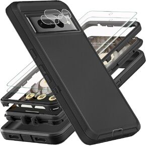 for Google Pixel 7 Pro Case, Military Grade Heavy Duty Shockproof/Drop Proof/Dust Proof Case with 2Pcs Self Healing Flexible TPU Screen Protector & Camera Lens Protector (Black/Black)