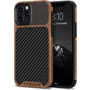 TENDLIN Compatible with iPhone 12 Pro Max Case Wood Grain with Carbon Fiber Texture Design Leather Hybrid Case